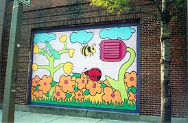 [photo, Mural of bumblebee, ladybug, and grasshopper in garden, Fleet St. (near South Caroline St.), Baltimore, Maryland]
