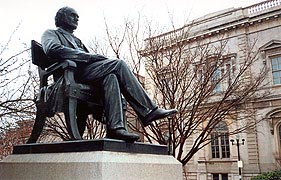 [photo, George Peabody statue before Peabody Institute, Mount Vernon Place, Baltimore, Maryland]